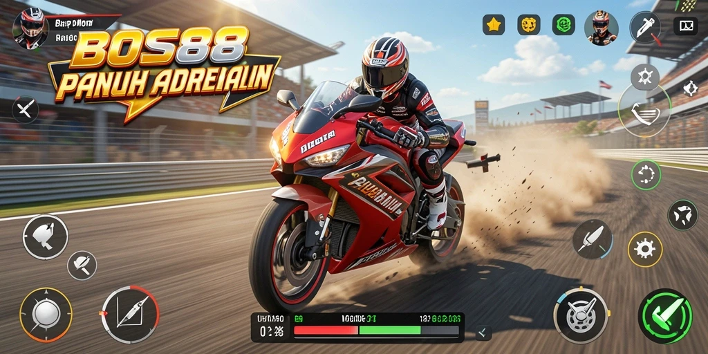 Screenshot gameplay <strong>BOS88</strong> menampilkan aksi balap motor yang menegangkan.