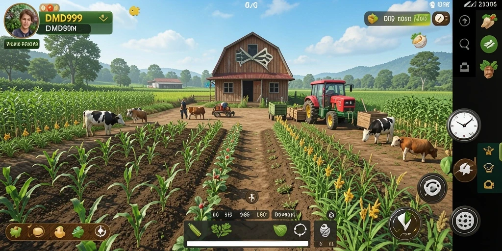 Tampilan permainan DMD999 menunjukkan kebun yang indah dan hewan ternak yang sehat.