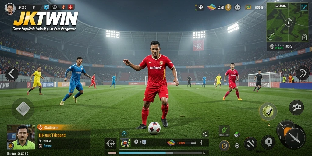 Tampilan permainan JKTWIN dengan aksi seru di lapangan sepak bola.