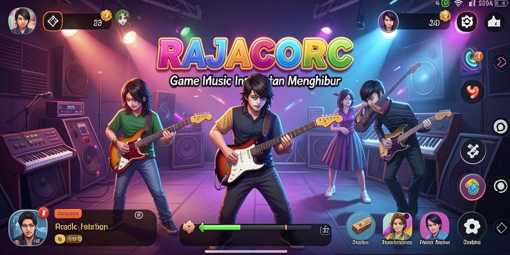 Tampilan gameplay RAJACORC dengan berbagai mode musik yang seru.