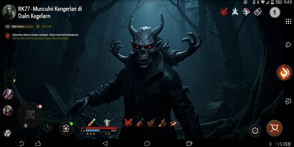 Screenshot gameplay RK77 menunjukkan suasana menyeramkan di dunia kegelapan.